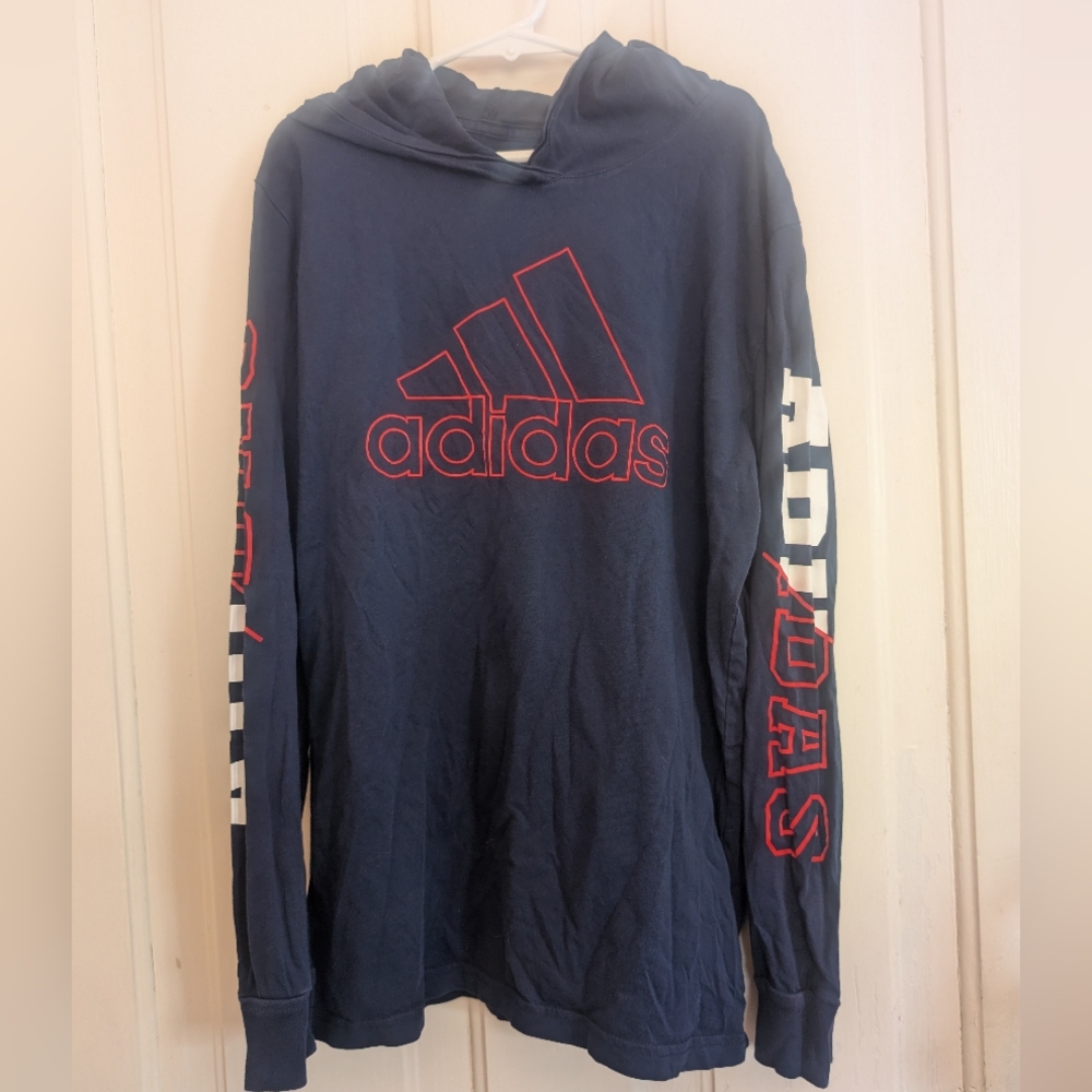 Adidas Boys LS Lightweight Tee with Hood M (10/12) Navy Blue/Red/White